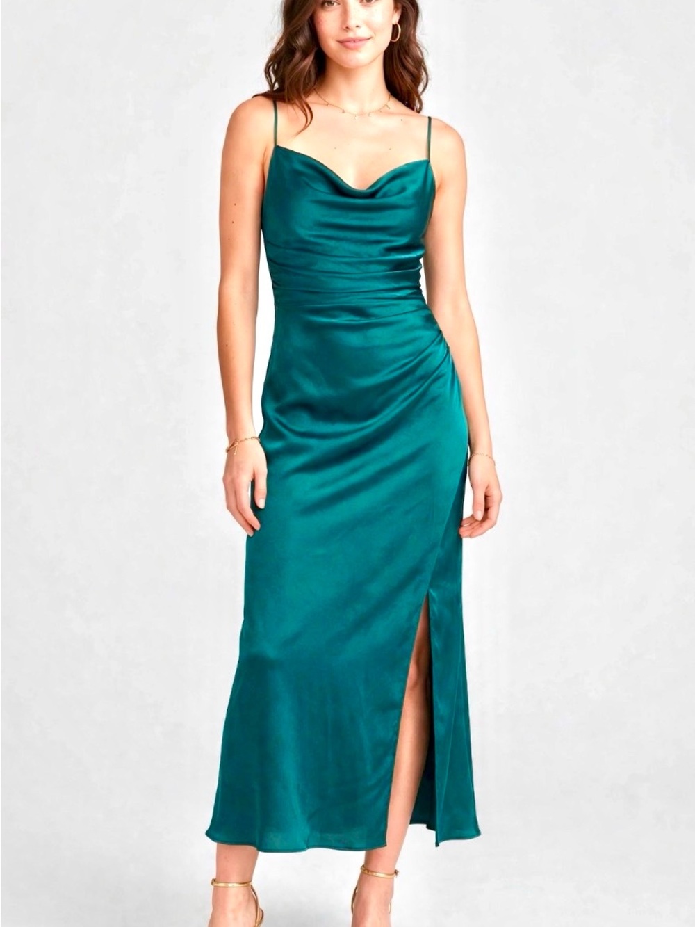 Emerald Green Satin Cowl Neck Slip Dress Wedding Guest Prom Formal Maxi Y2K
